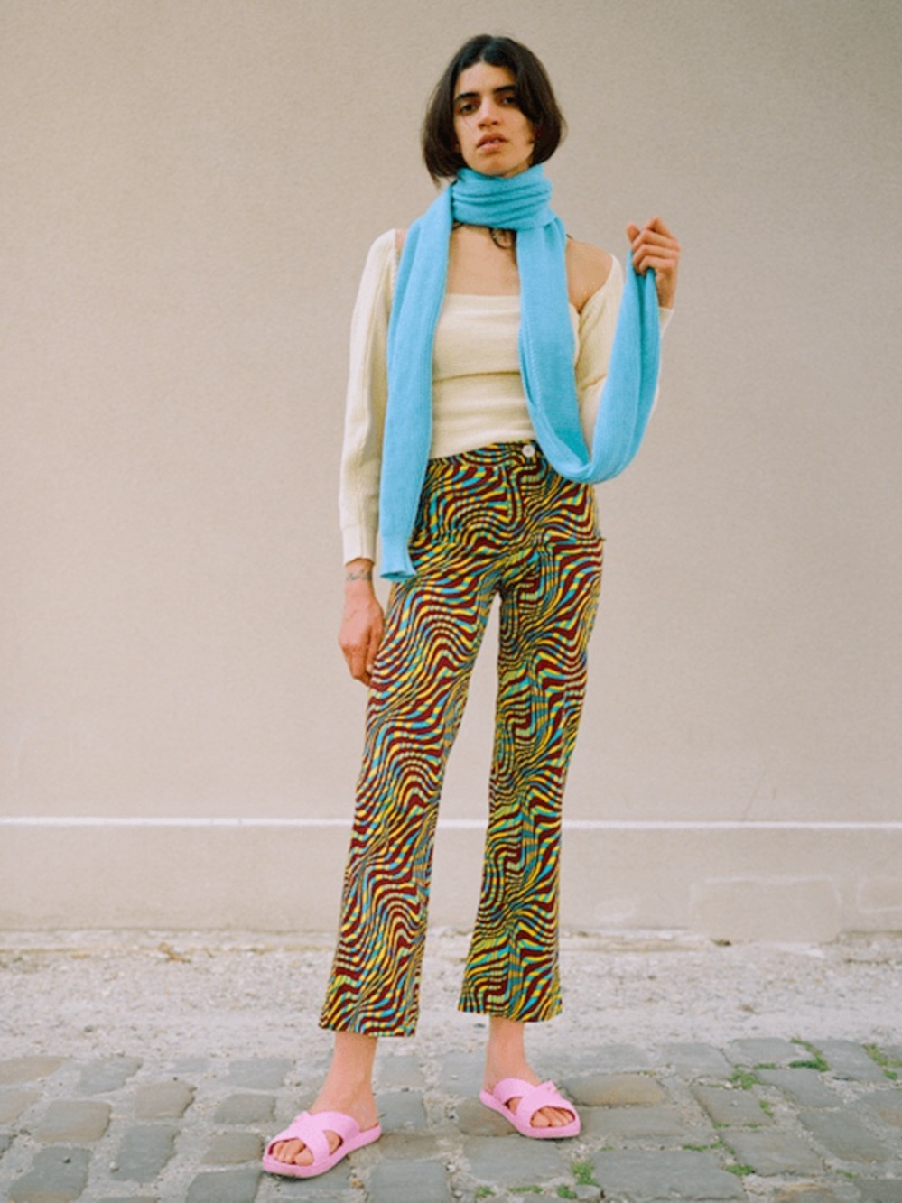 Gimaguas Multicolor Wave-Print Wide Pants — Brown, Yellow, Blue